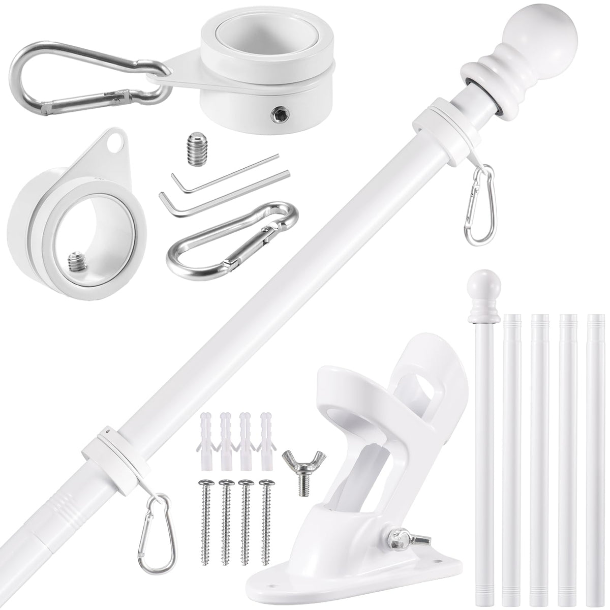 BONWIN white flag pole kit 6ft on wall mount—durable outdoor display.