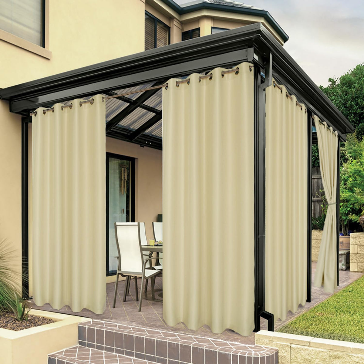 BONZER cream outdoor curtain panel 54x95 showing soft fabric and private color.