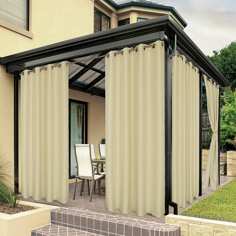 BONZER cream outdoor curtain front view, thick fabric for enhanced privacy and shade on patios.