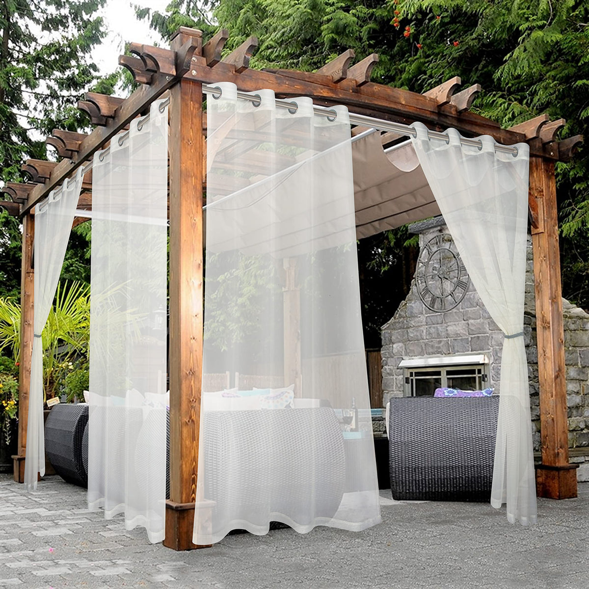 BONZER sheer outdoor curtains – two panels with rustproof grommets for easy installation and soft light filtering.