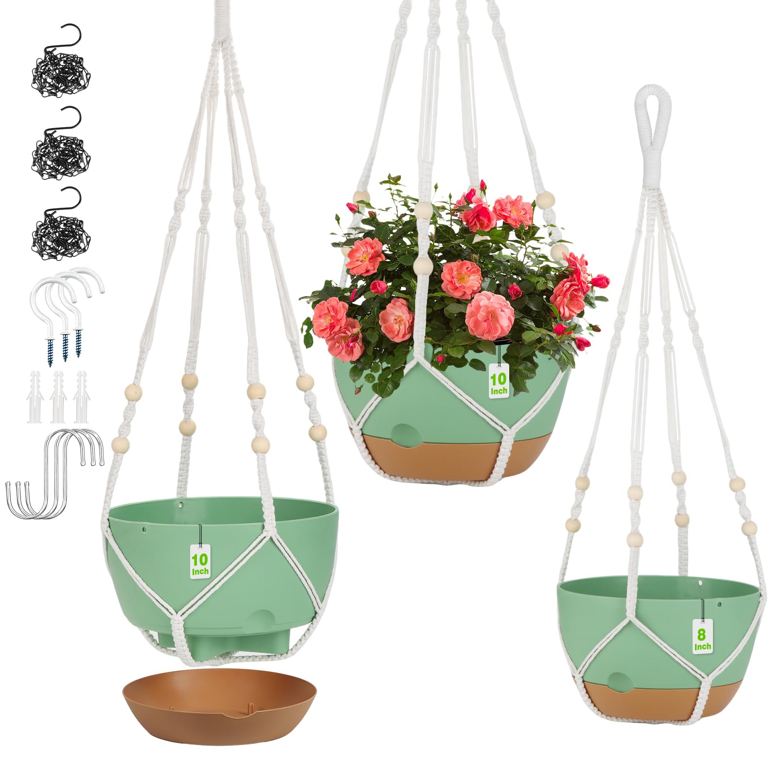 Boochcom 3-pack hanging planters with 10 in, 10 in, and 8 in pots for space-saving indoor greenery.