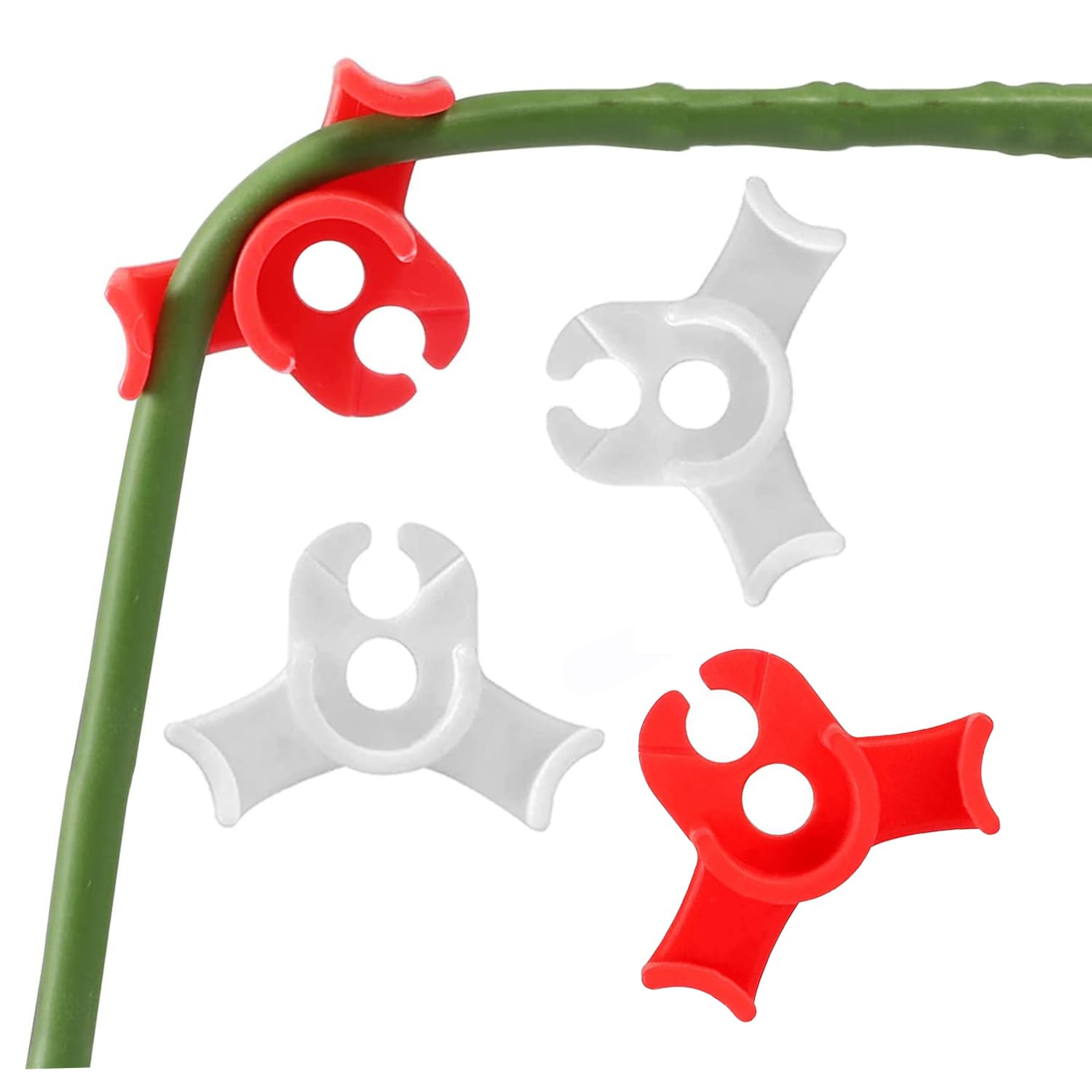 Booge white and red plant training clips guide 90° bends to shape growth gently.