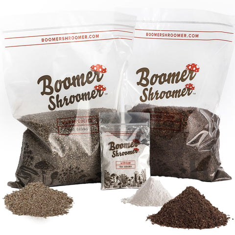 Boomer Shroomer dry bulk substrate package ready for hydration and pasteurization.