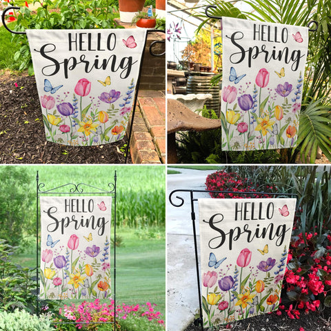 BoopZilla Tulip Hello Spring flag burlap texture close-up adds rustic outdoor appeal