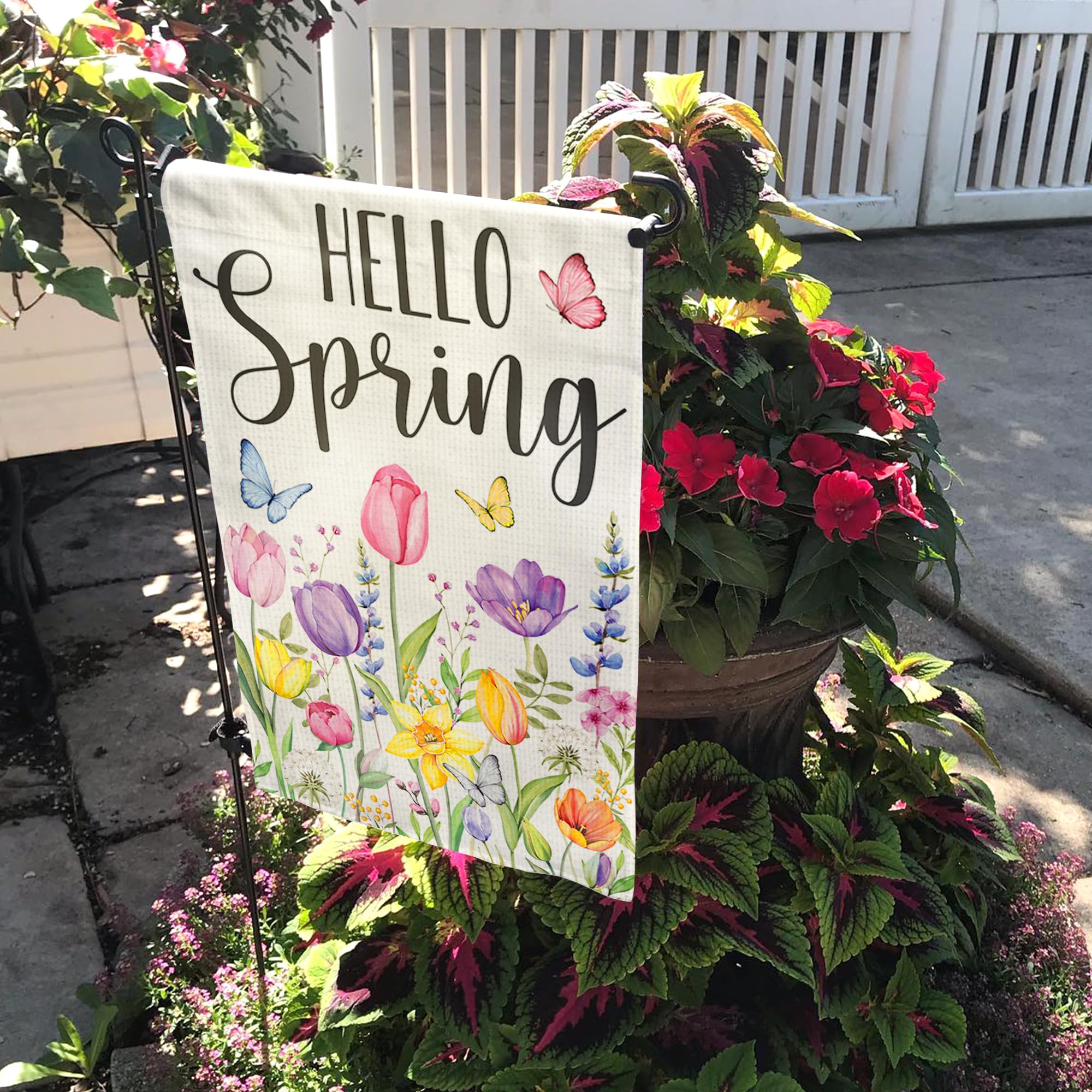 BoopZilla Tulip Hello Spring flag back side mirrors floral design for cohesive décor