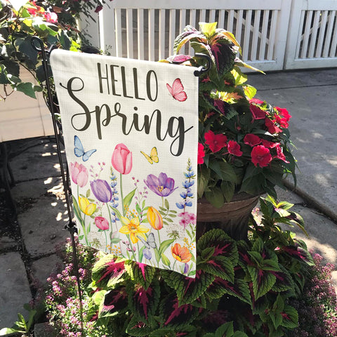 BoopZilla Tulip Hello Spring flag back side mirrors floral design for cohesive décor