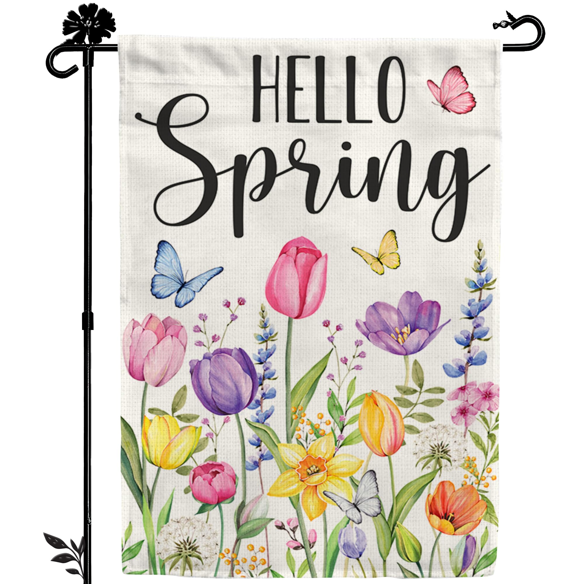 BoopZilla Tulip Hello Spring flag double-sided front view for bright outdoor decor