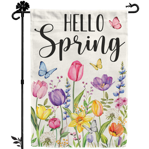 BoopZilla Tulip Hello Spring flag double-sided front view for bright outdoor decor