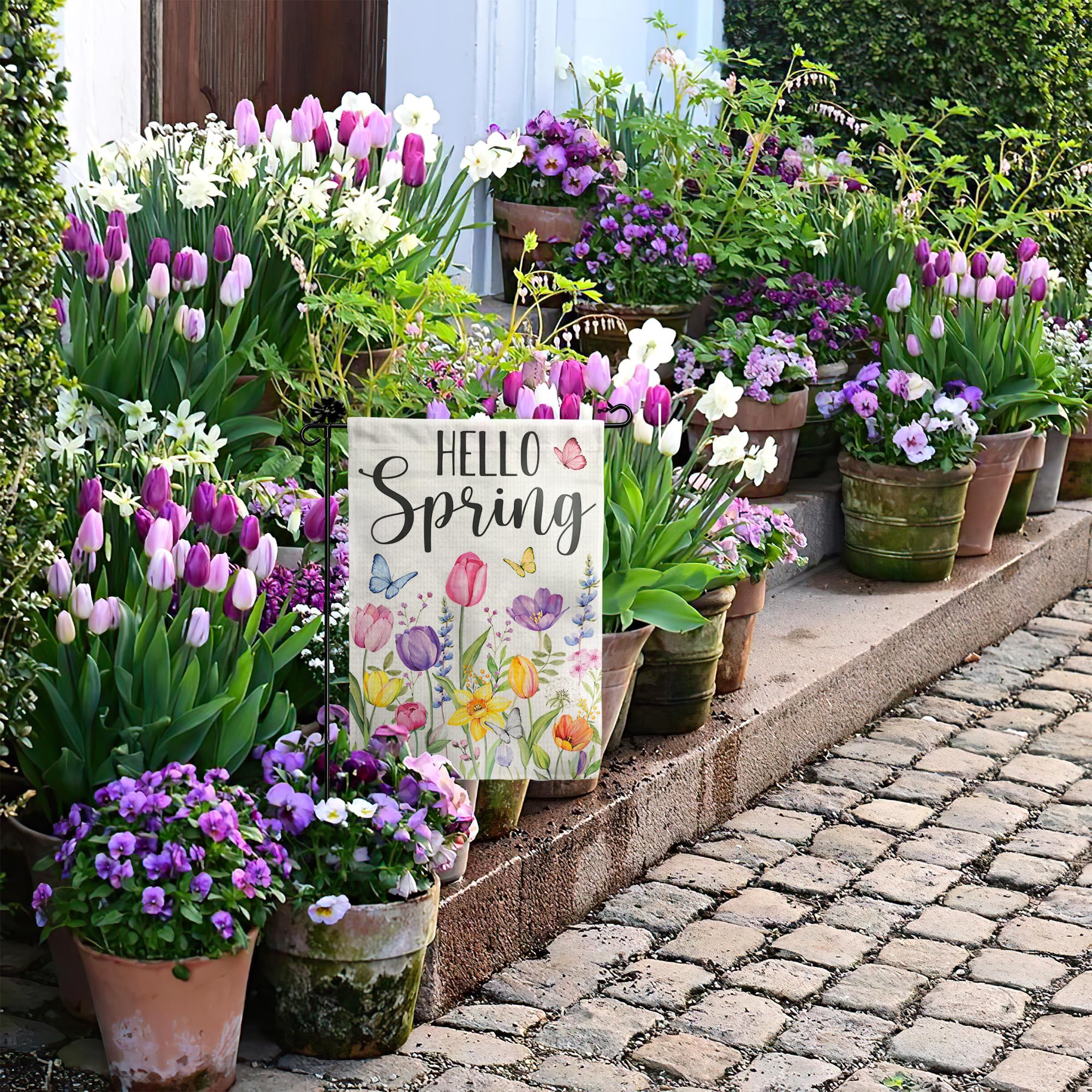 BoopZilla Tulip Hello Spring flag ready to hang beside your entry