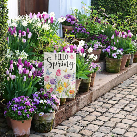 BoopZilla Tulip Hello Spring flag ready to hang beside your entry