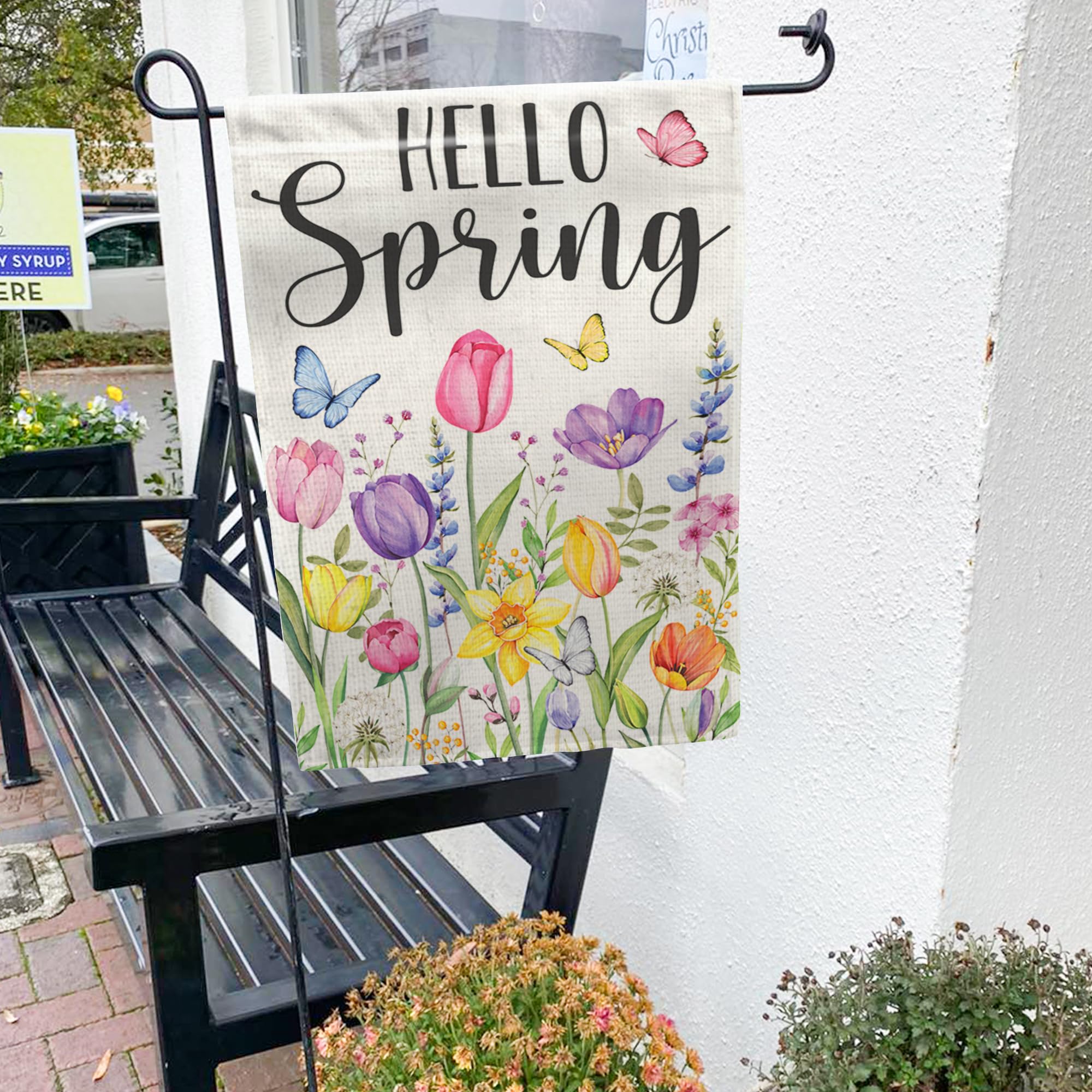 BoopZilla Tulip Hello Spring flag in yard boosts seasonal charm