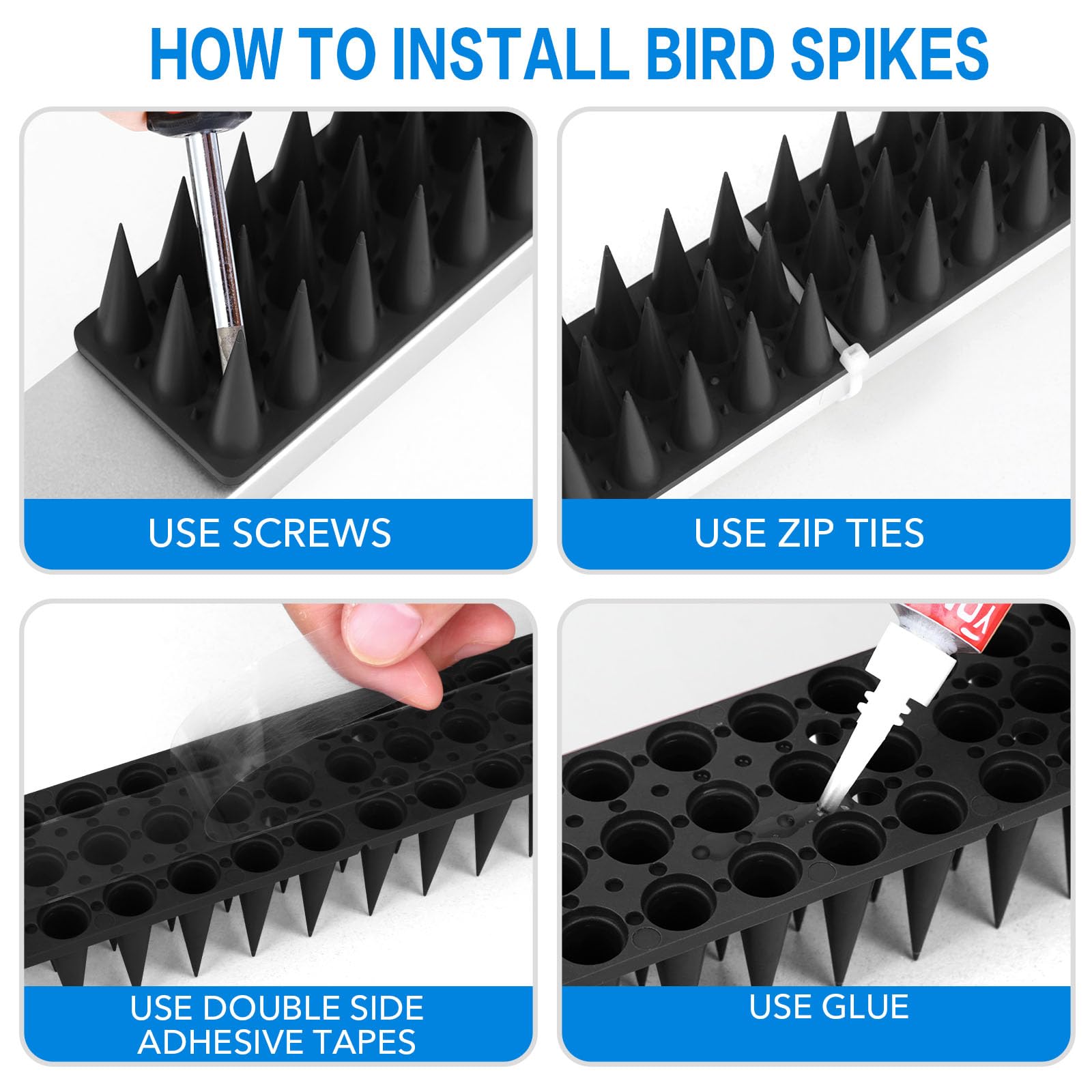 BORHOOD Bird Spikes on fence rail provide durable perching deterrence.