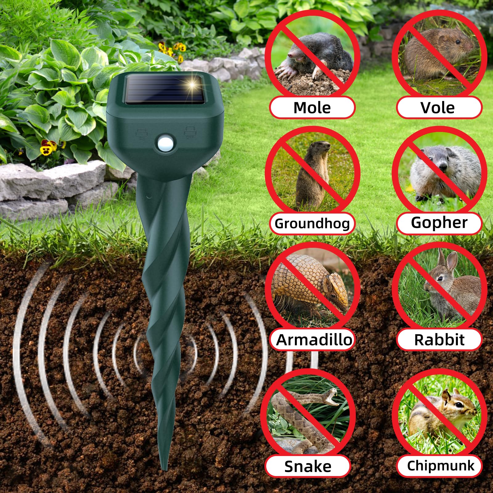 BORHOOD Ultrasonic deterrent stake installed in the yard helps deter burrowing animals.