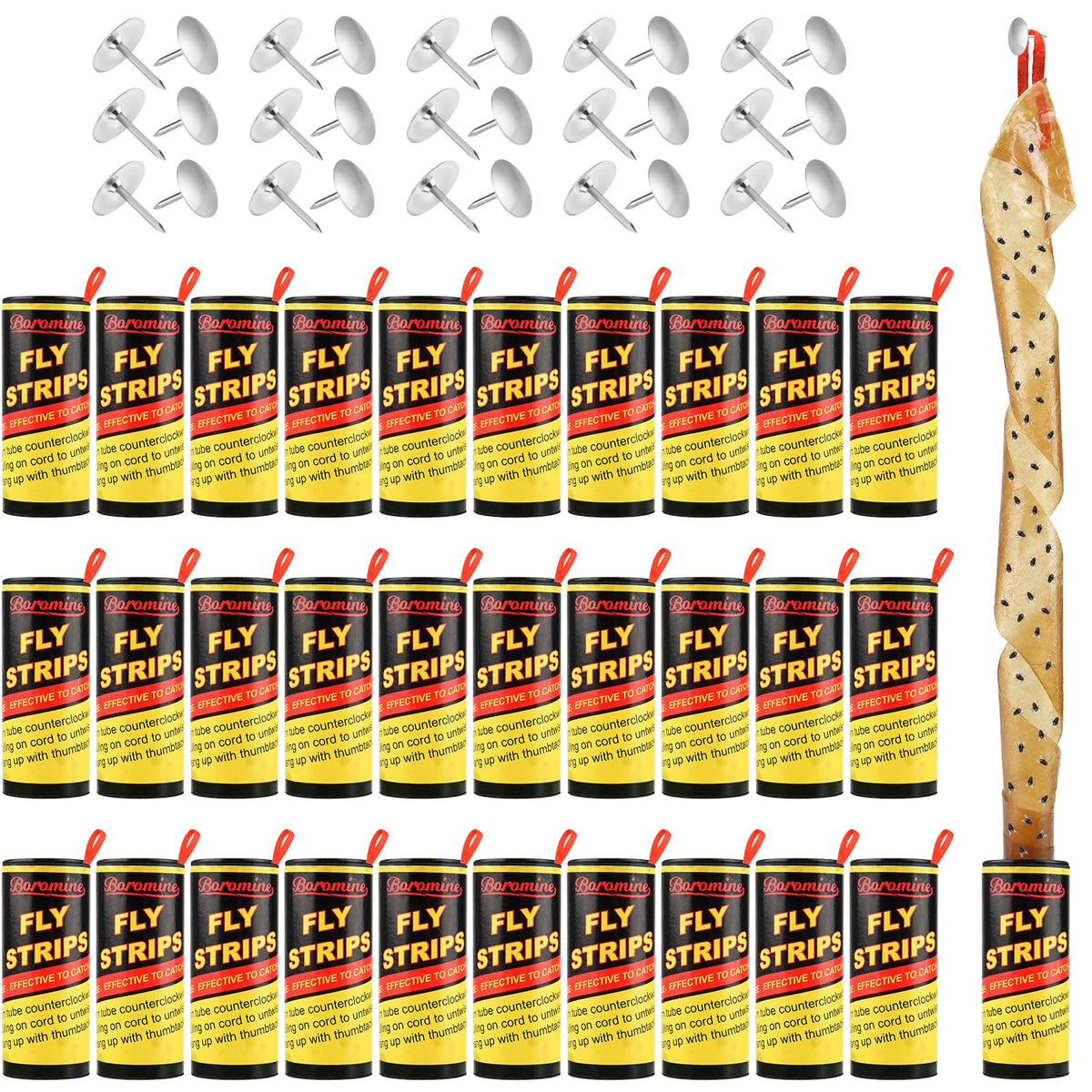 Boromine fly strips 30-rolls pack for versatile pest control.