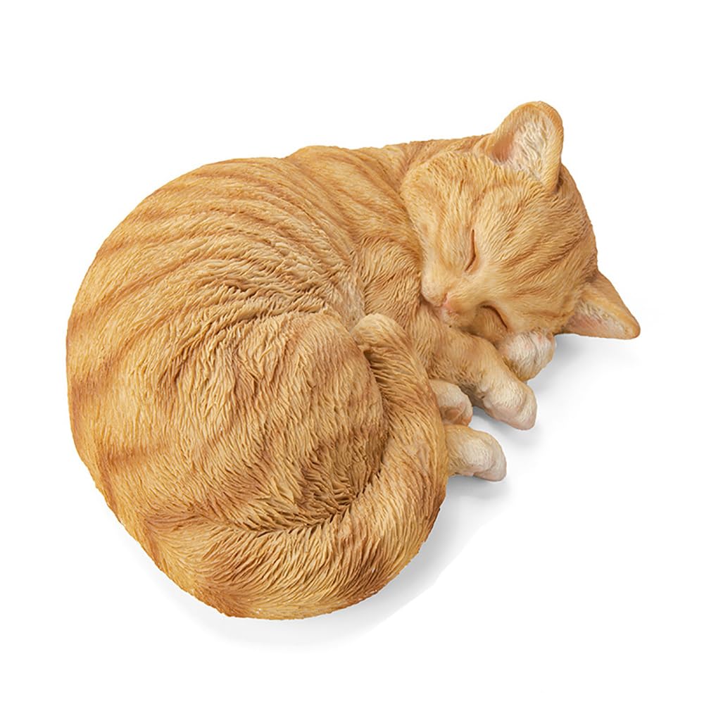 Bositigo sleeping orange tabby cat garden statue enhances outdoor decor and resilience.
