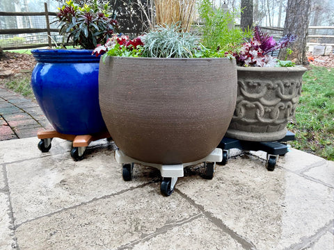 Bosmere Down Under Plant Caddie on large pots on a patio