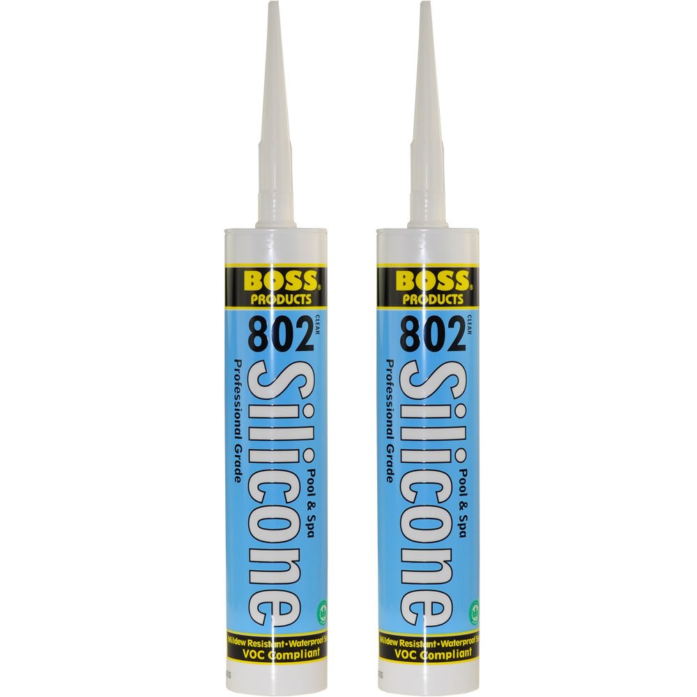 BOSS 802 clear pro-grade silicone sealant tube, ready for pool tile sealing and water resistance.