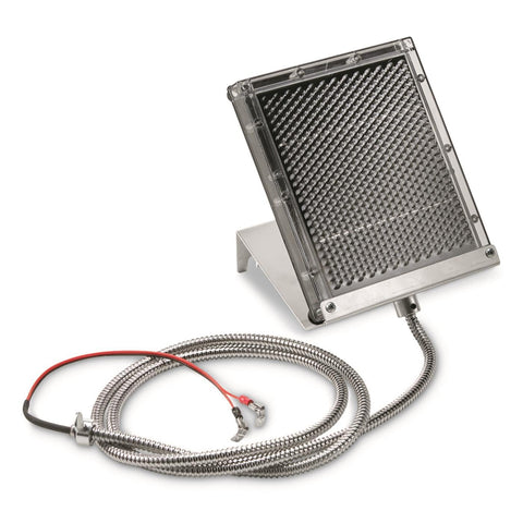 Boss Buck 12V solar panel mounted on a drum for continuous feeder power