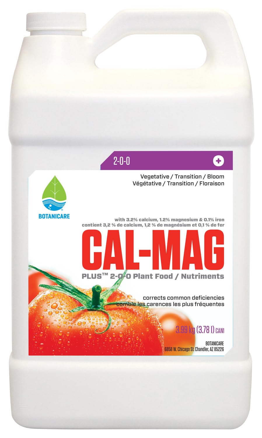 Botanicare Cal-Mag Plus bottle close-up showing fortified minerals for strong growth.
