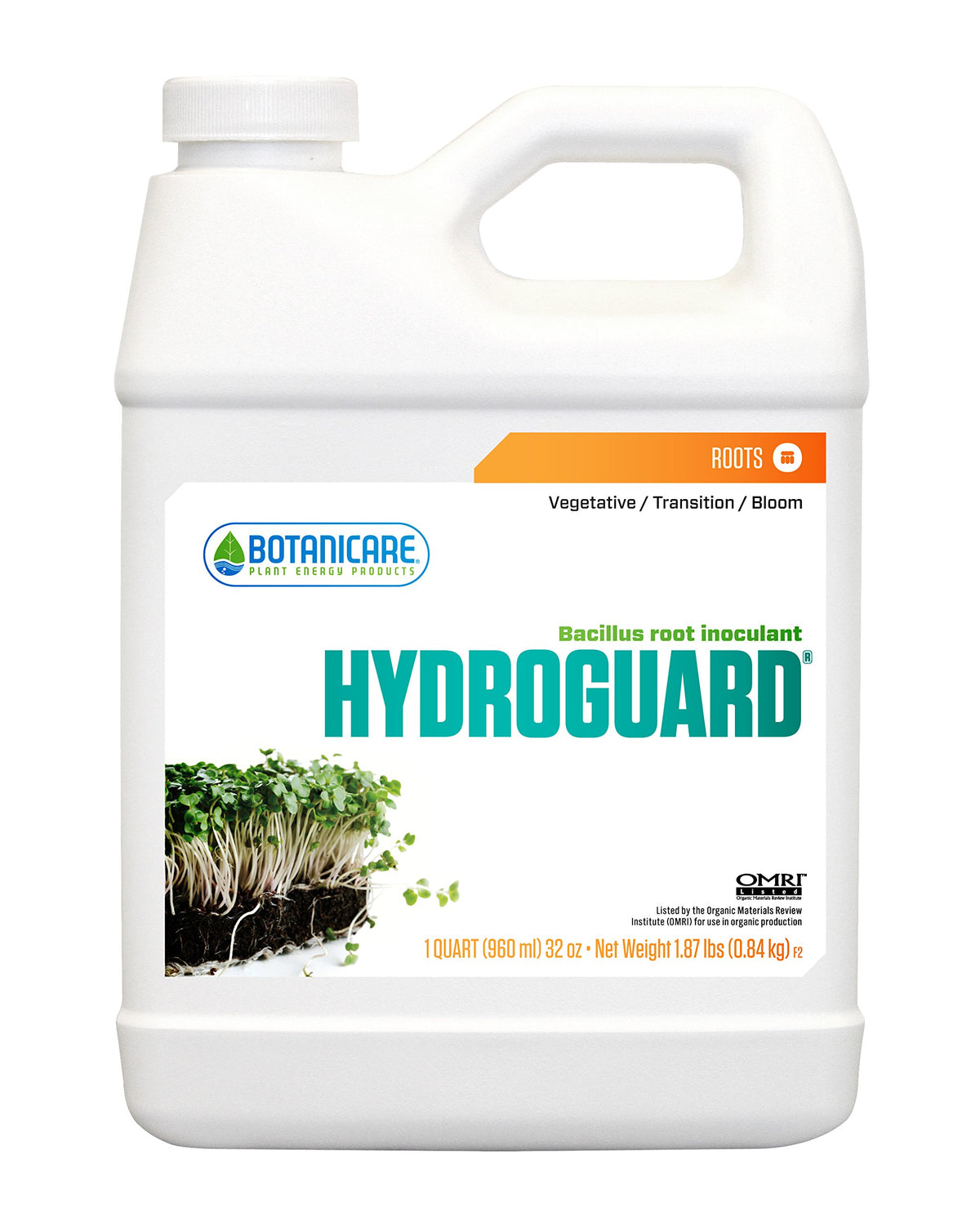 Botanicare Hydroguard bottle showing Bacillus root inoculant for stronger root mass.