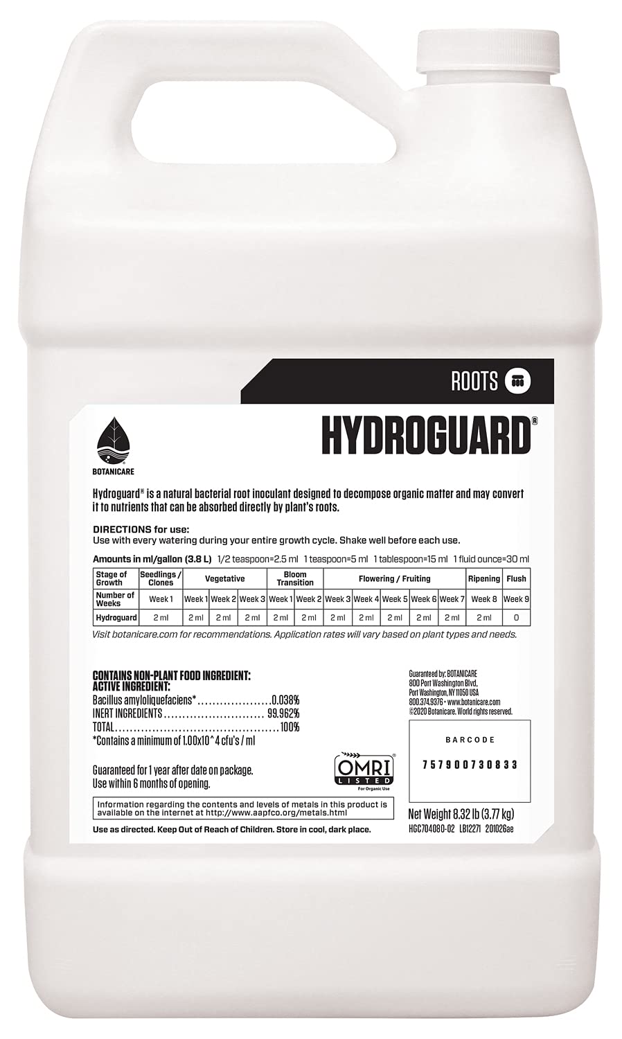 Botanicare Hydroguard label close-up highlighting Bacillus inoculant for healthier root systems