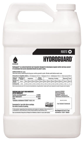 Botanicare Hydroguard label close-up highlighting Bacillus inoculant for healthier root systems