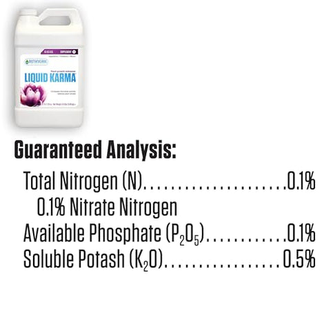 Botanicare Liquid Karma label closeup highlights premium nutrients.