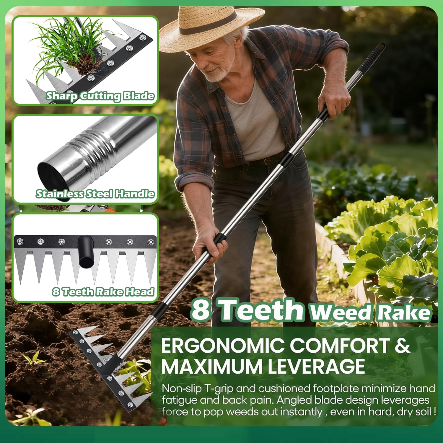 BOTUMIUY iron weeding rake 2.0 with two replacement heads for versatility
