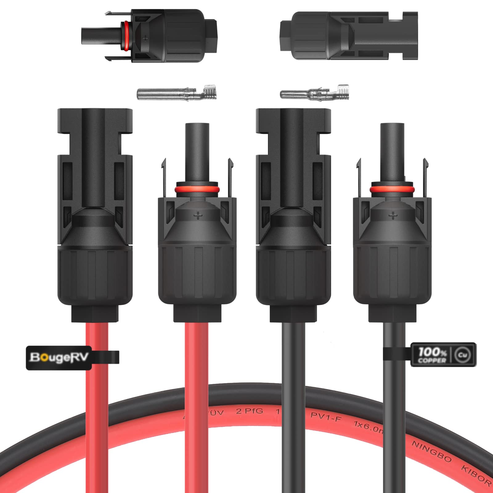 BougeRV 20ft red solar extension end connector for secure, low-loss power transfer.