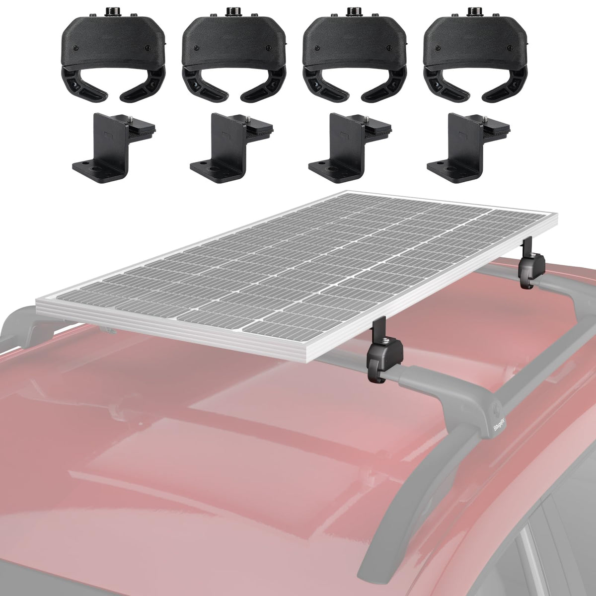 BougeRV crab mount crosses bars setup for quick solar panel attachment.