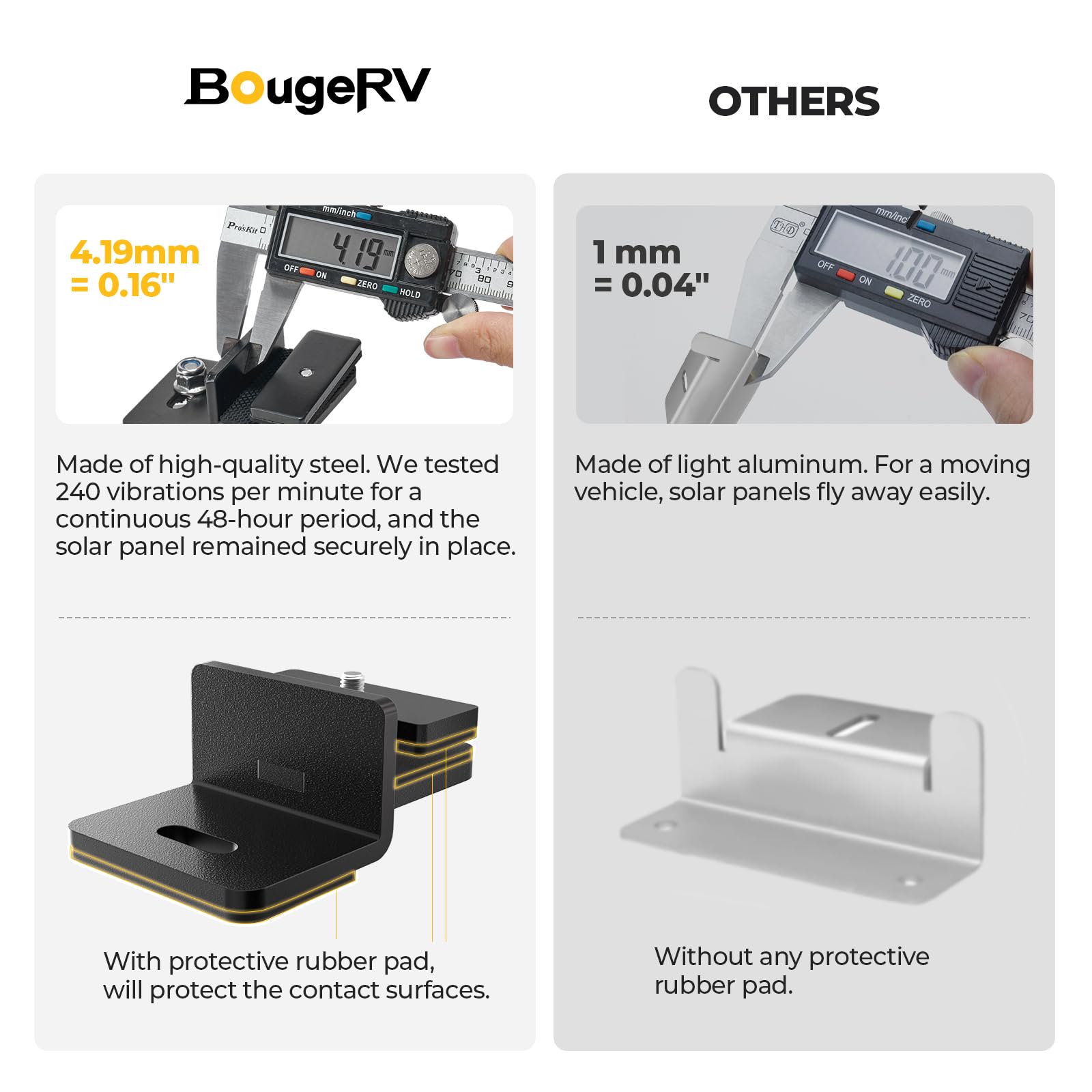 BougeRV heavy-duty steel mount withstands vibrations and wind during travels.
