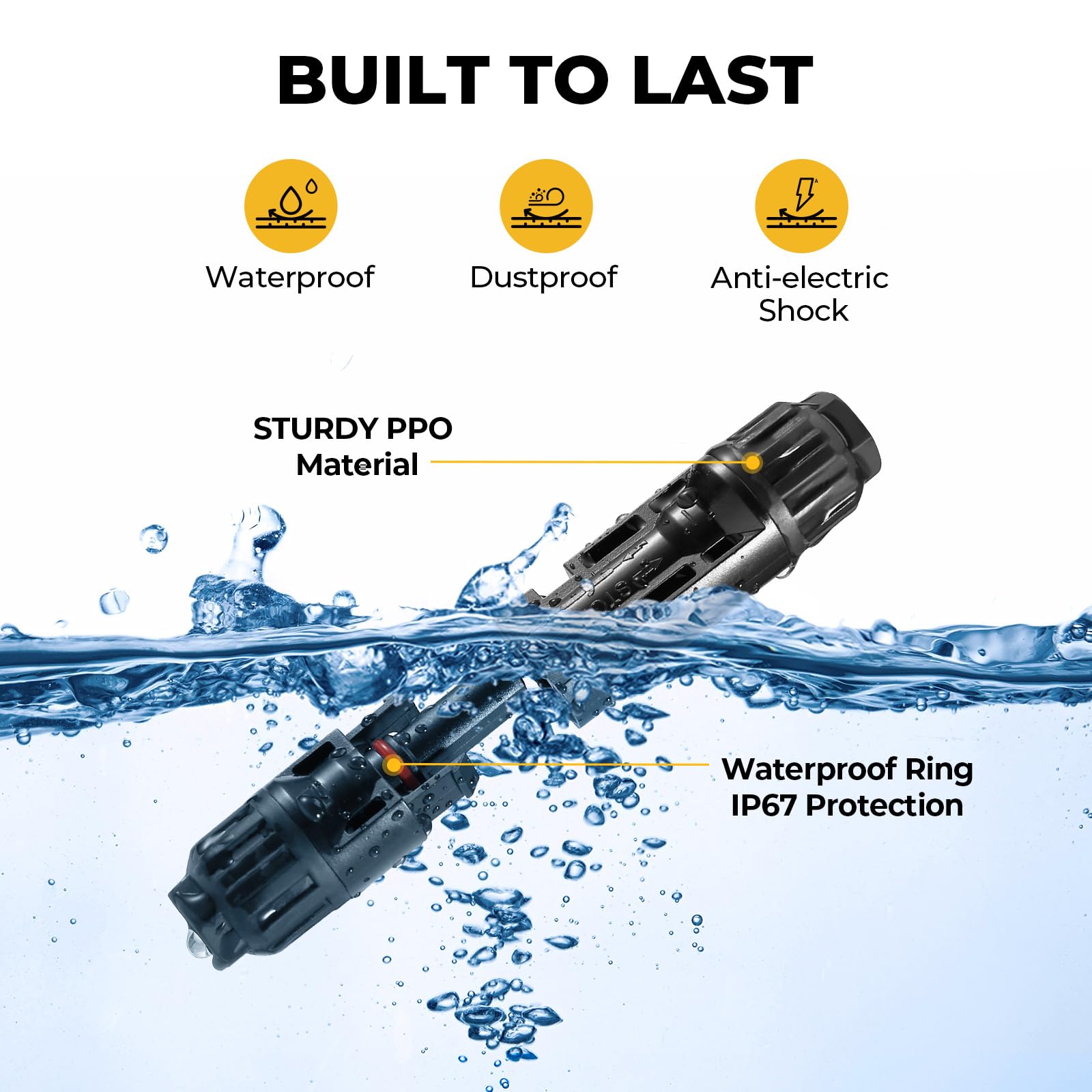 BougeRV IP67 waterproof ring on solar connectors for rugged outdoor use.