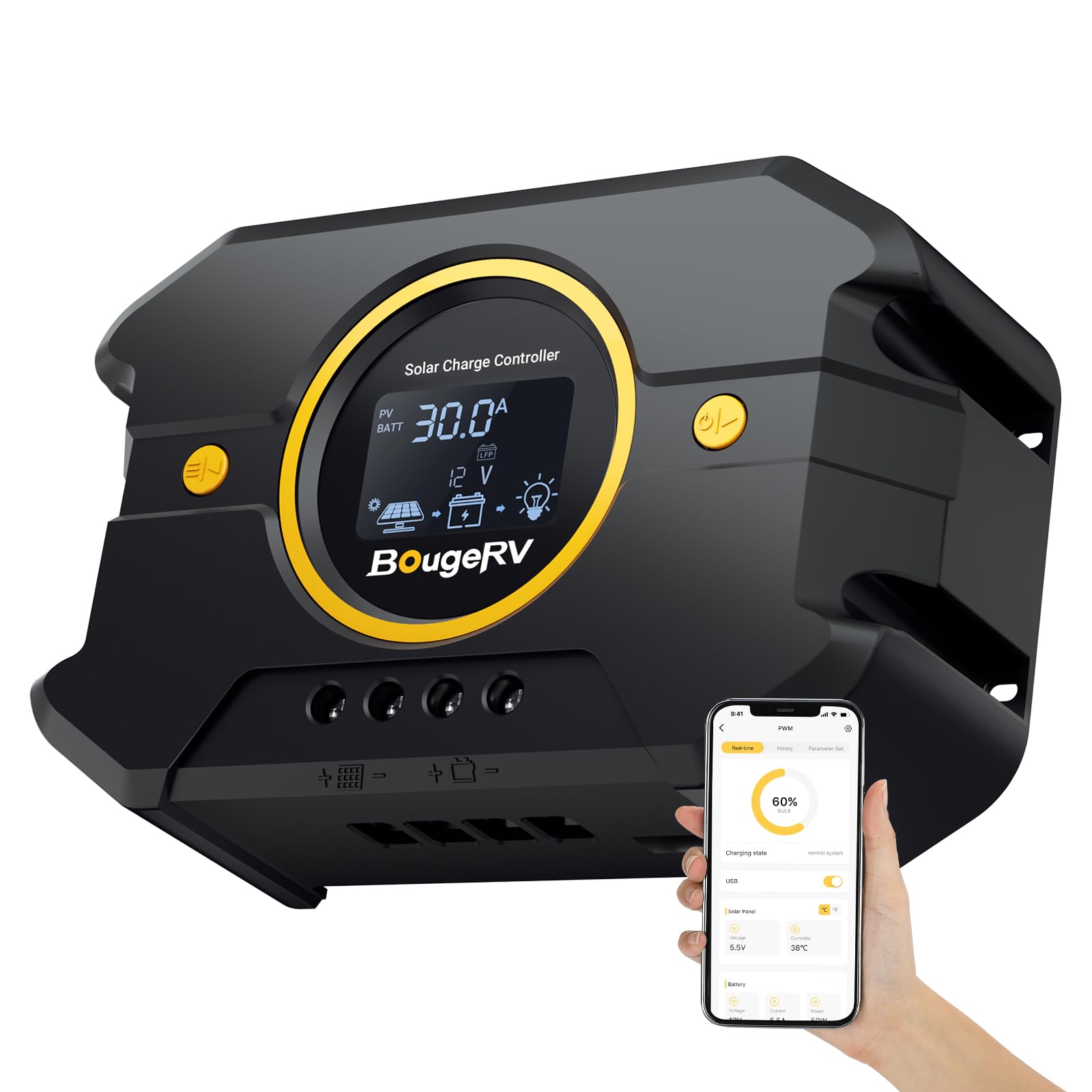 BougeRV Li30A PWM solar controller backlit display showing live PV and battery status