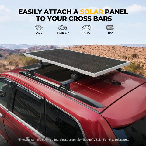 BougeRV roof rack solar bracket fitment secures panels on most cross bars.