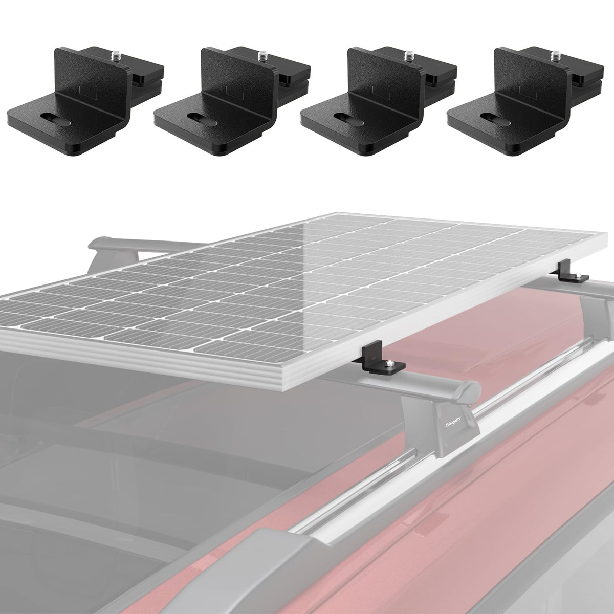 BougeRV t-slot mounting brackets secured on a car roof rack for stable solar panels.