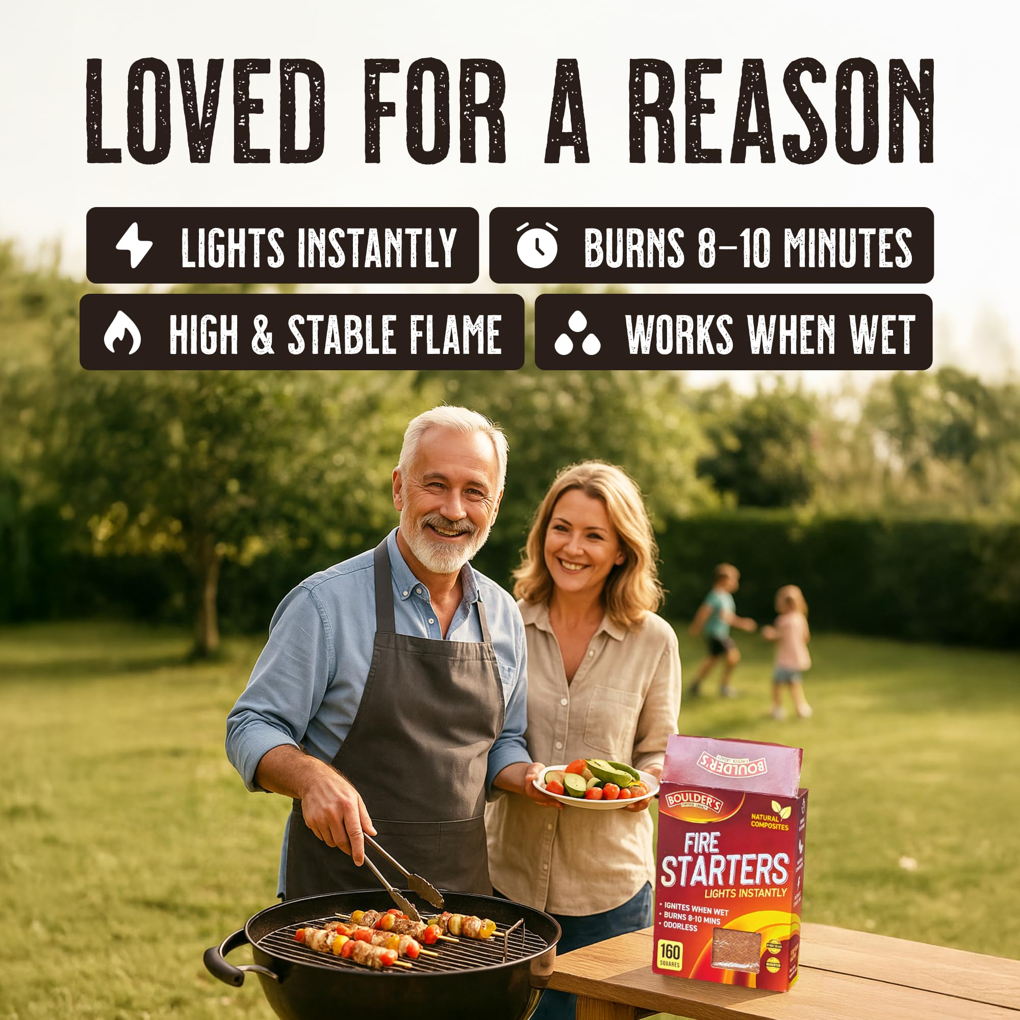 BOULDER'S FIRESIDE LEGACY cubes deliver 8-10 minutes of steady flame for campfires.