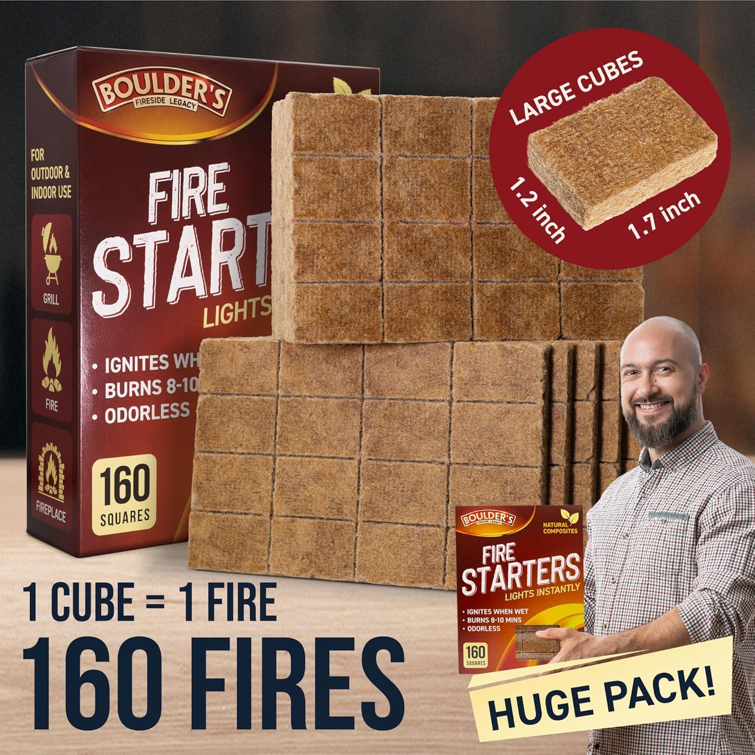 BOULDER'S FIRESIDE LEGACY ignition cubes are waterproof and windproof for reliable outdoor starts.