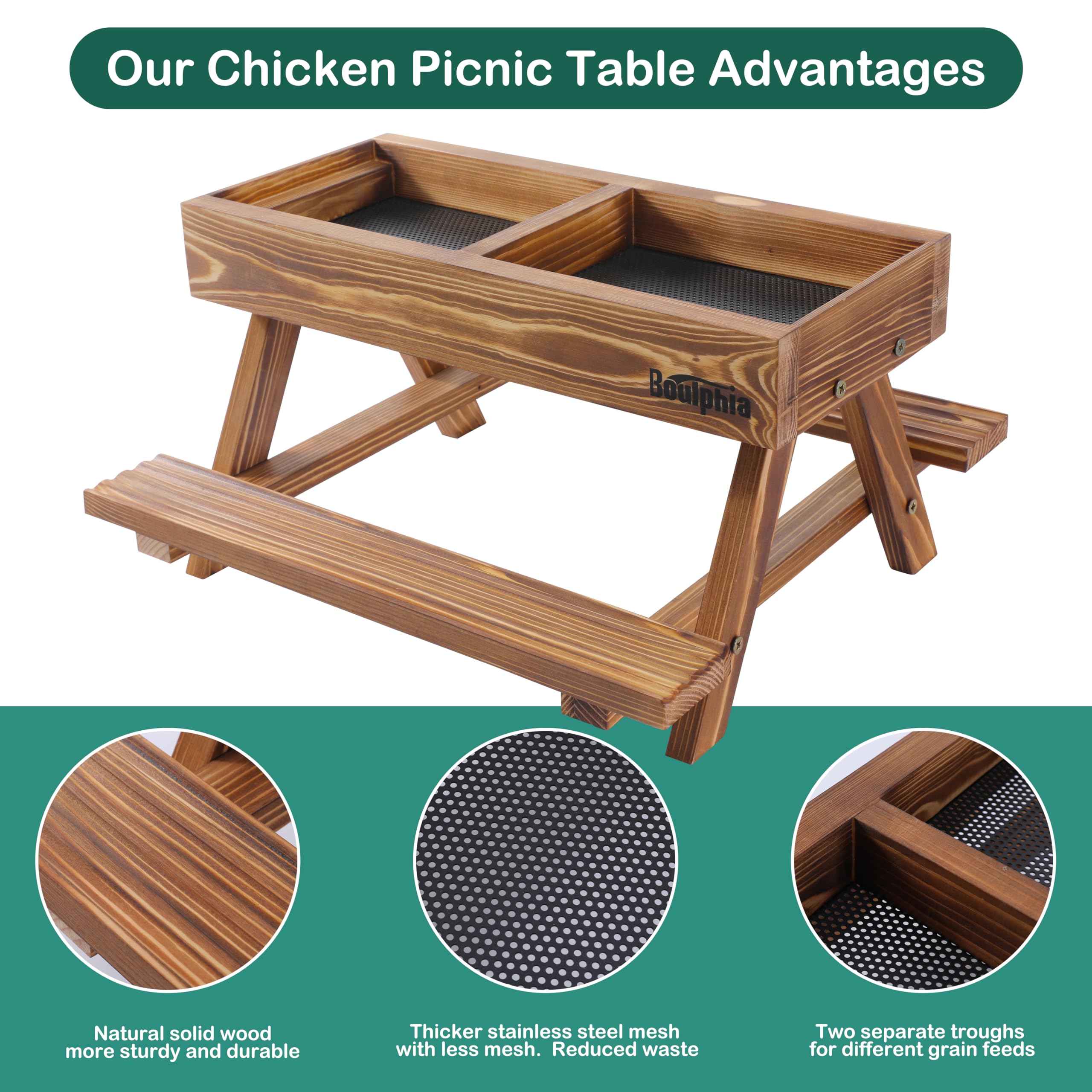 Boulphia natural wood chicken feeder showcases sturdy, odorless handmade construction.