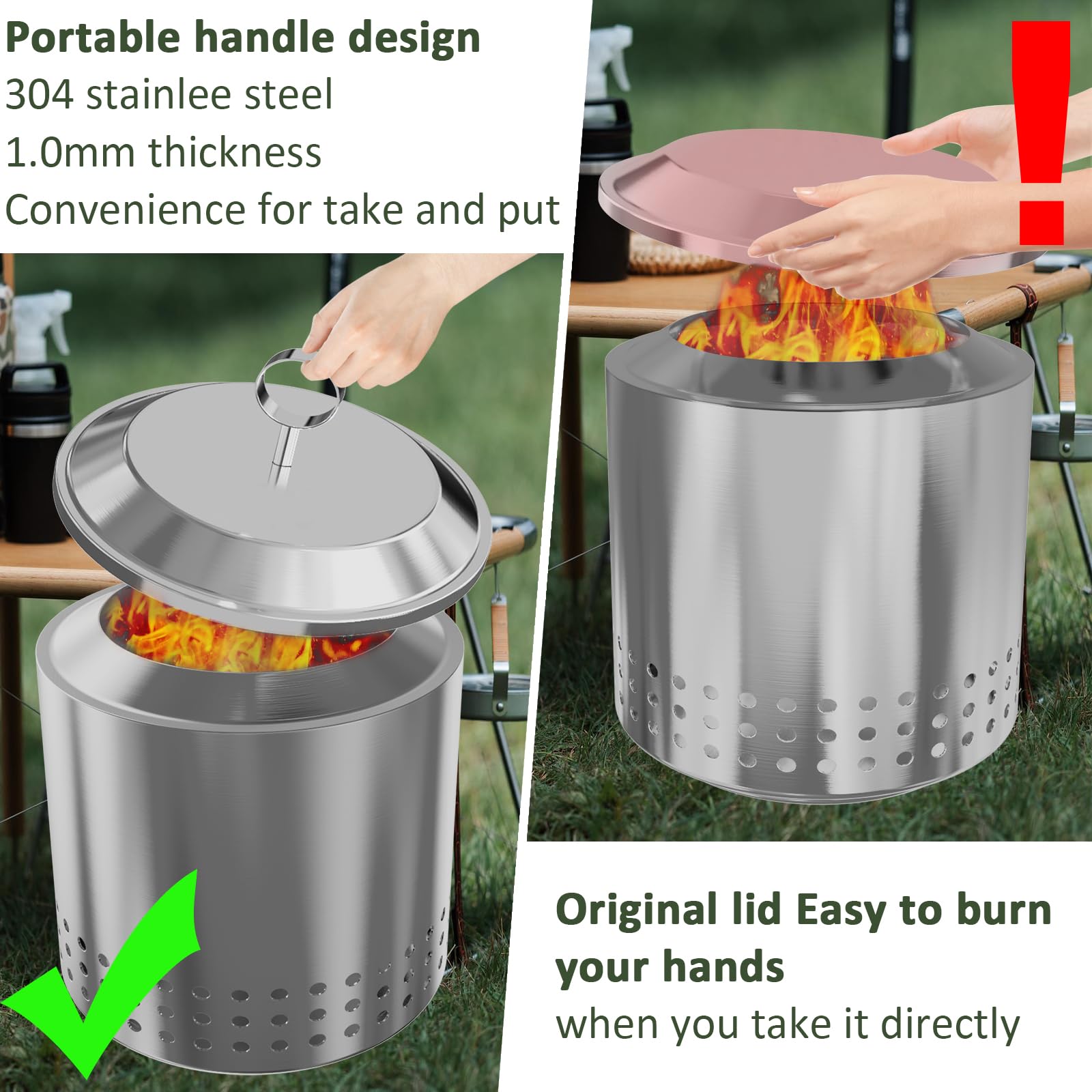 BOUNHOHE lid with round handle being carried outdoors to prevent burns.