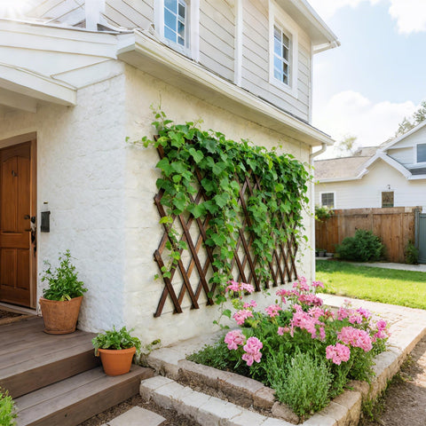 Bounmer expandable trellis used as wall decor with greenery and lights