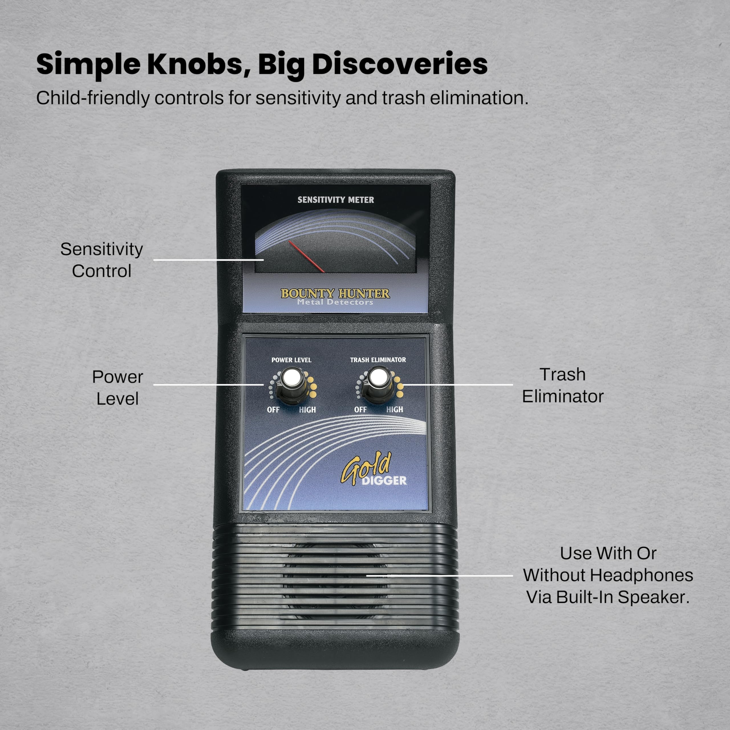 Adjustable sensitivity helps young explorers customize searches with this detector.