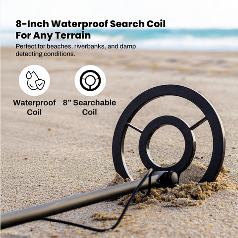 8-inch waterproof search coil ready for shallow water and wet terrain