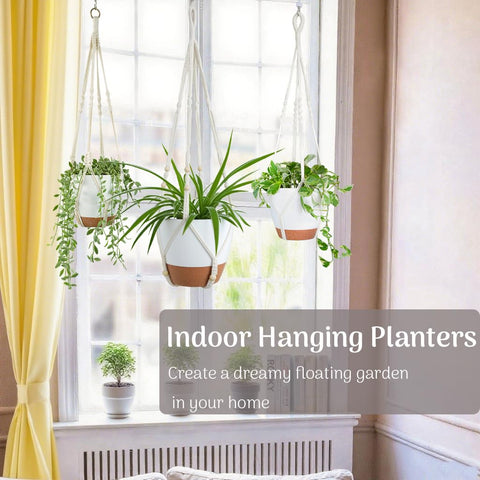 Bouqlife 34-inch macrame hanger displaying mid-height plants with style.