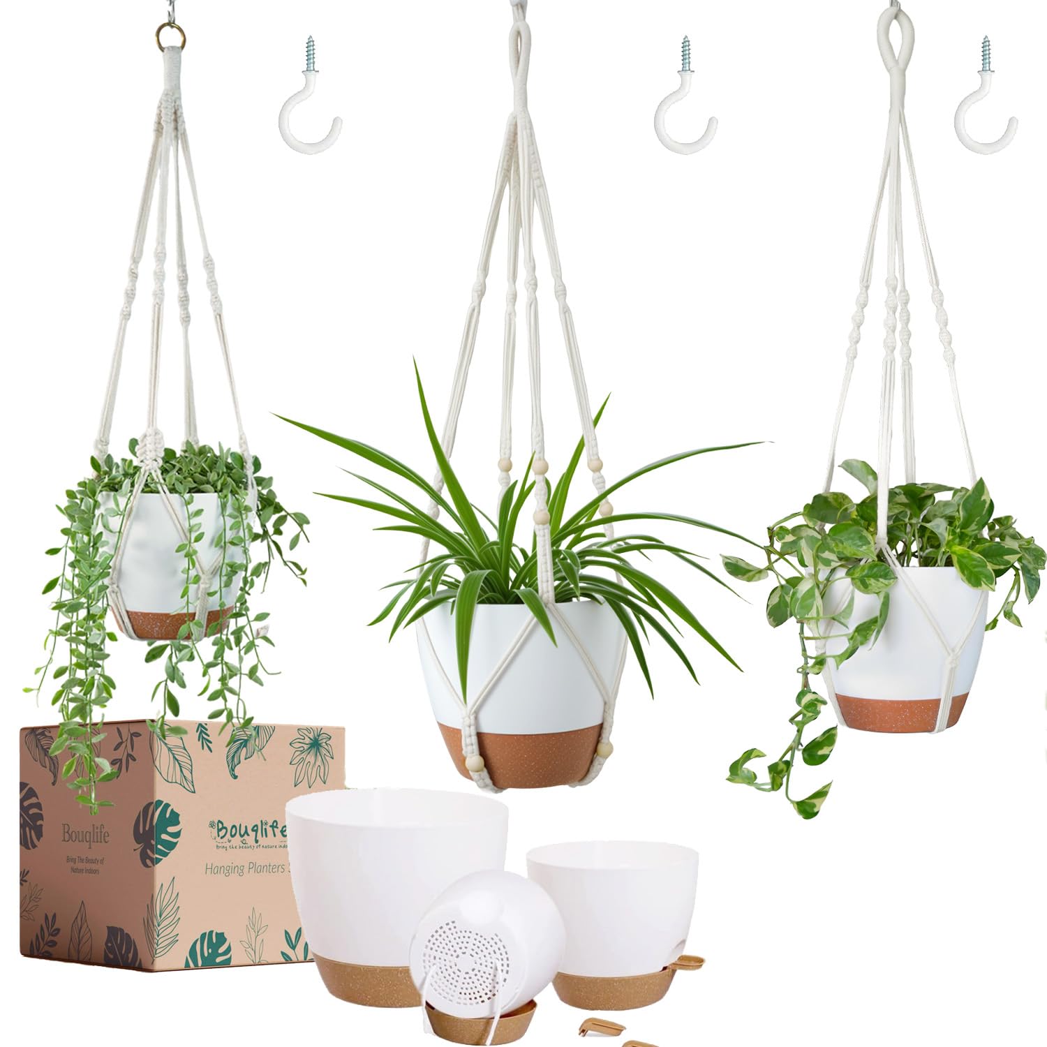 Bouqlife 40-inch hanging planter with elegant white macrame for tall indoor greenery.