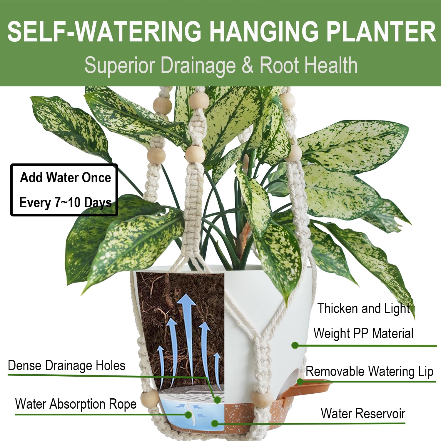 Bouqlife macrame hanging planter with 20-inch hanger suits small spaces with plant elevation.