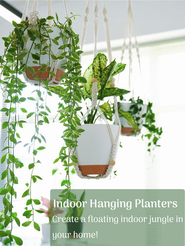 Bouqlife macrame hanging planter with 26-inch hanger frames mid-size balcony greenery.