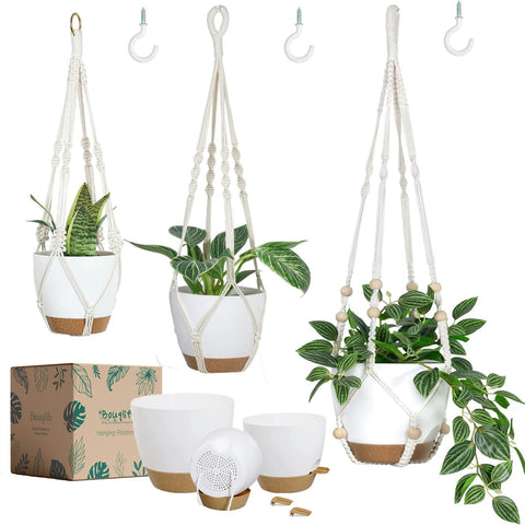 Bouqlife macrame hanging planter with 34-inch hanger adds minimalist indoor decor and space-saving display.