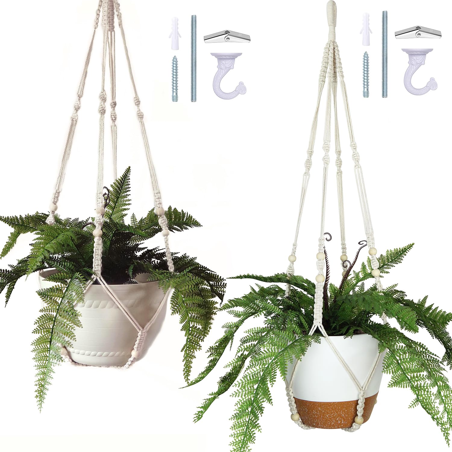 Bouqlife macrame hanger 43in beige 2-pack for stable indoor plant display.