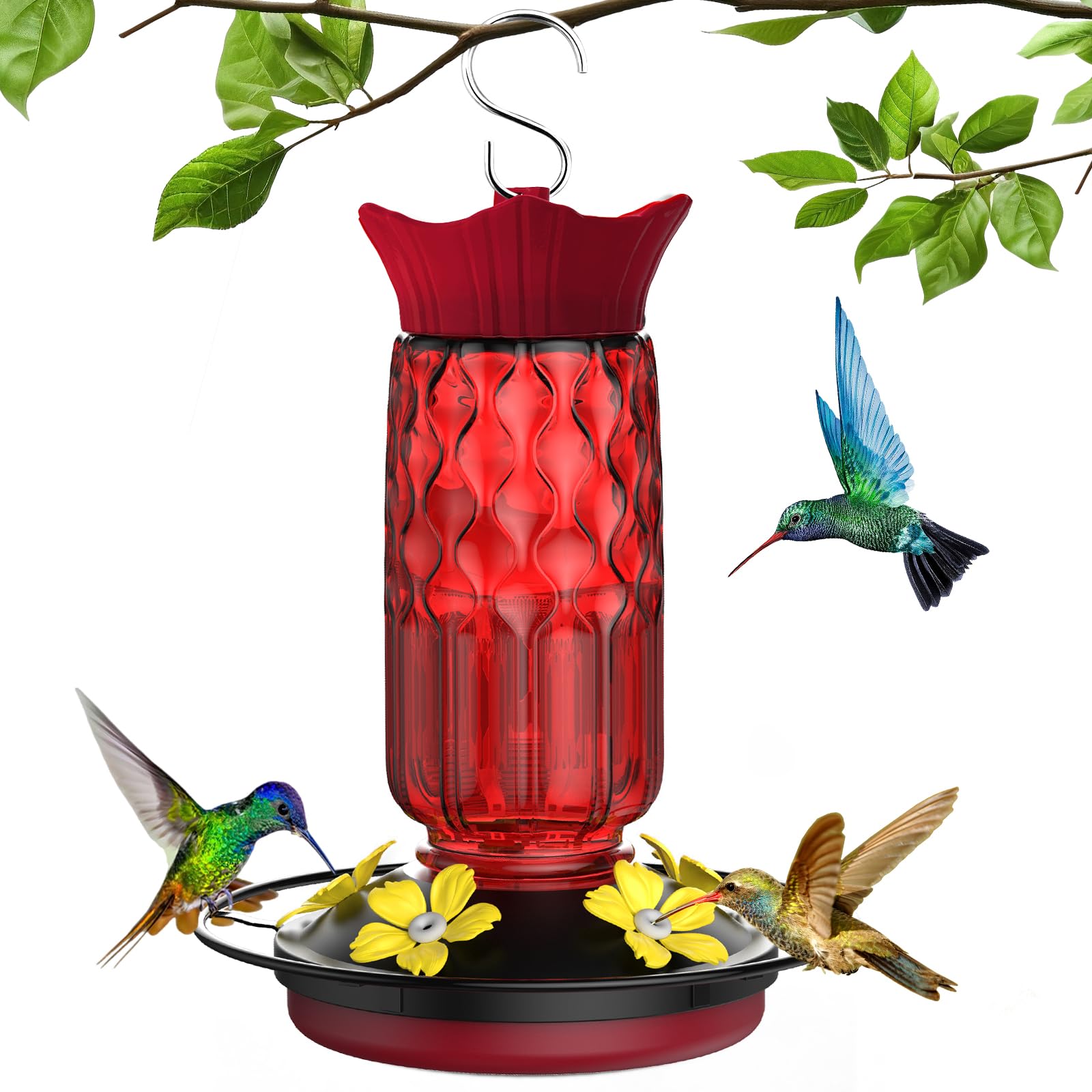 Bourid hummingbird feeder with five flower ports attracts multiple birds.