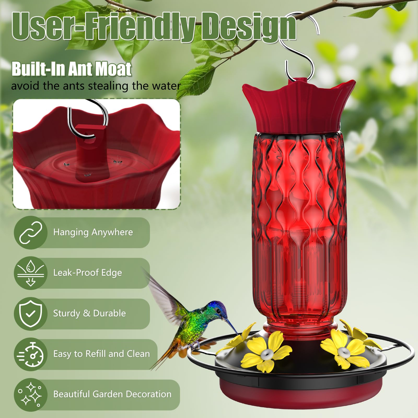 Bourid red transparent bottle shows nectar level clearly.